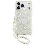 Guess-deksel til iPhone 17 Pro Max/iPhone 18 Pro Max med galvaniserte blomster, perlerem og Hvit