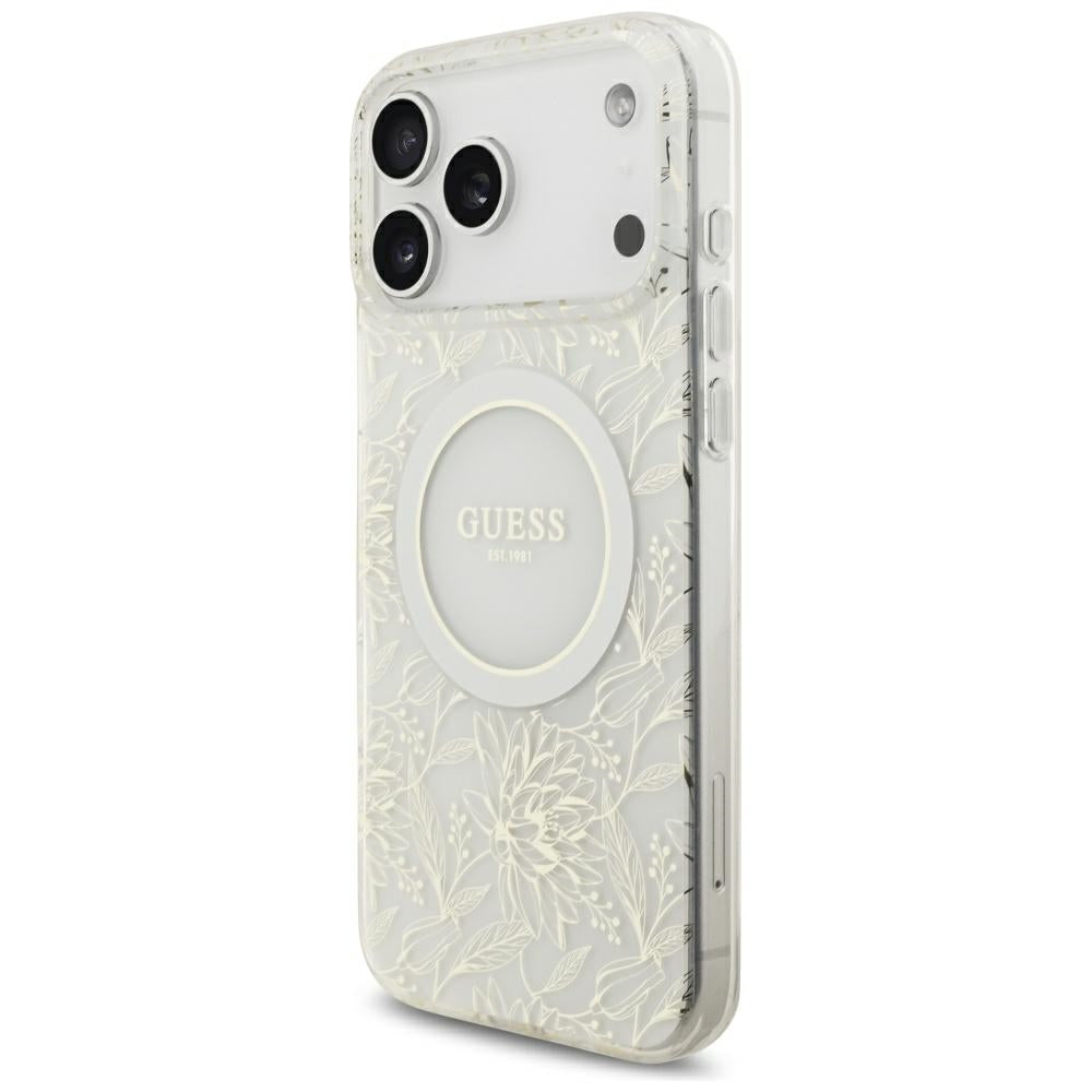 Guess-deksel til iPhone 17 Pro Max/iPhone 18 Pro Max med galvaniserte blomster, perlerem og Hvit