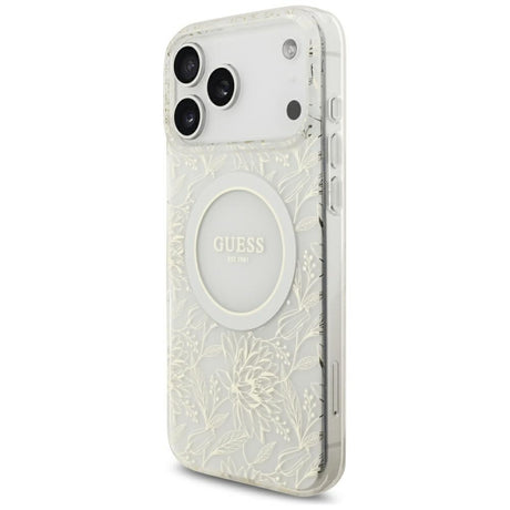 Guess-deksel til iPhone 17 Pro Max/iPhone 18 Pro Max med galvaniserte blomster, perlerem og Hvit