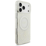 Guess-deksel til iPhone 17 Pro Max/iPhone 18 Pro Max med galvaniserte blomster, perlerem og Hvit