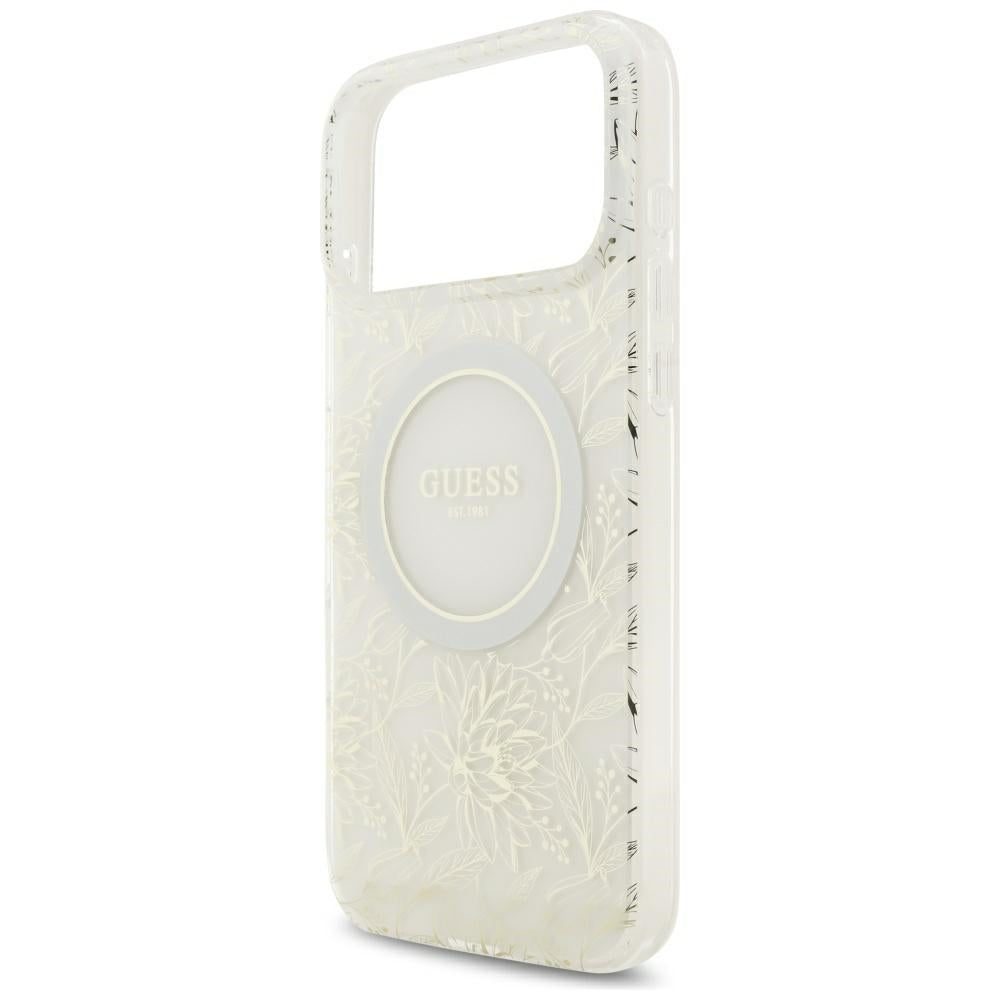 Guess-deksel til iPhone 17 Pro Max/iPhone 18 Pro Max med galvaniserte blomster, perlerem og Hvit