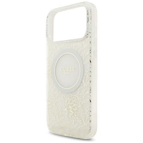 Guess-deksel til iPhone 17 Pro Max/iPhone 18 Pro Max med galvaniserte blomster, perlerem og Hvit