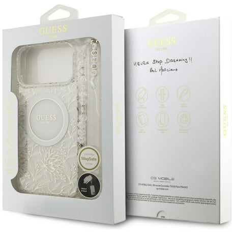 Guess-deksel til iPhone 17 Pro Max/iPhone 18 Pro Max med galvaniserte blomster, perlerem og Hvit