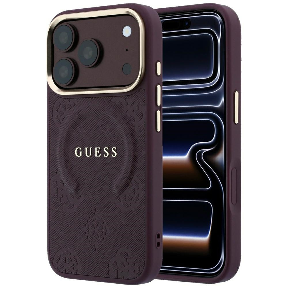 Guess iPhone 17 Pro/iPhone 18 Pro Deksel Saffiano Peony preget MagSafe Burgundy