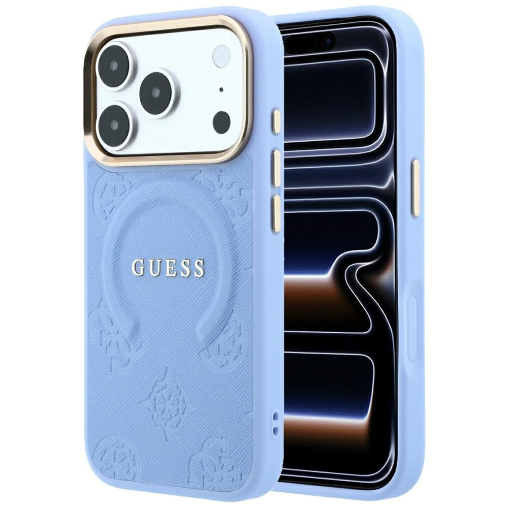 Guess iPhone 17 Pro/iPhone 18 Pro Deksel Saffiano Peony preget MagSafe Blå