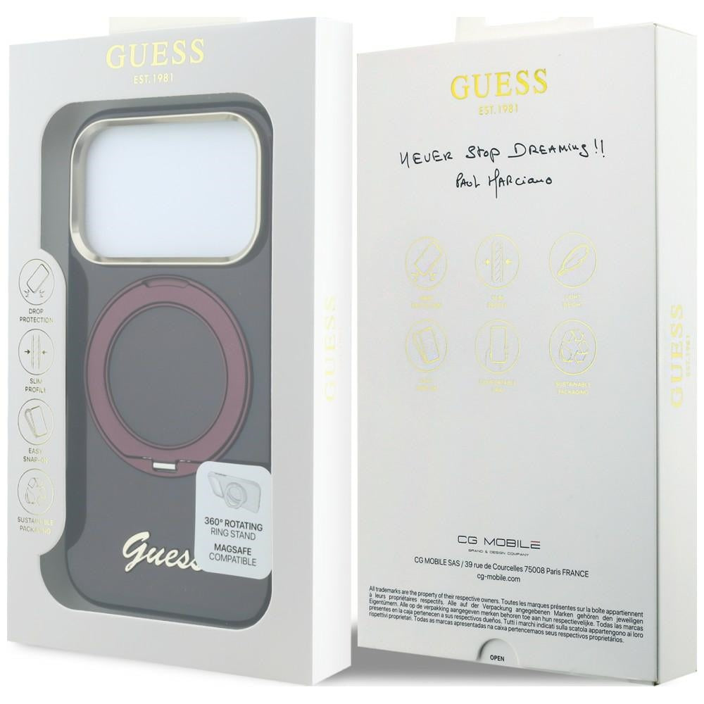 Guess iPhone 17 Pro/iPhone 18 Pro Deksel Ringstativ Script-logo Burgundy
