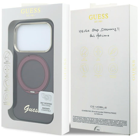 Guess iPhone 17 Pro Max/iPhone 18 Pro Max Deksel Ring Stand Script Logo Burgundy
