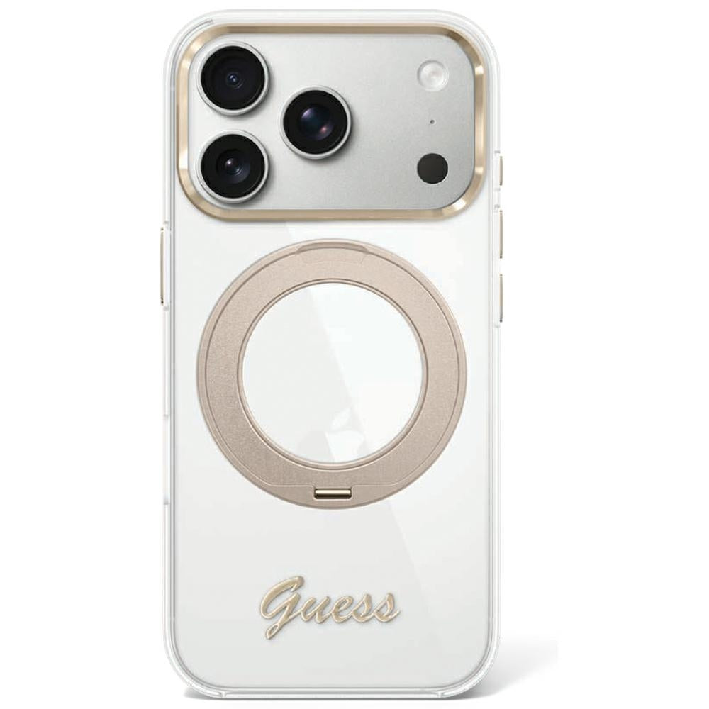 Guess iPhone 17 Pro Max/iPhone 18 Pro Max Deksel Ring Stand Script Logo Gull