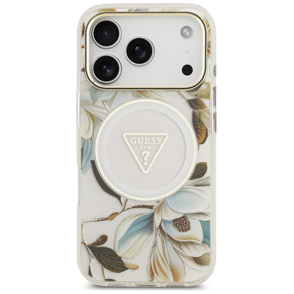 Guess iPhone 17 Pro/iPhone 18 Pro Deksel Glitter Flowers Hvit