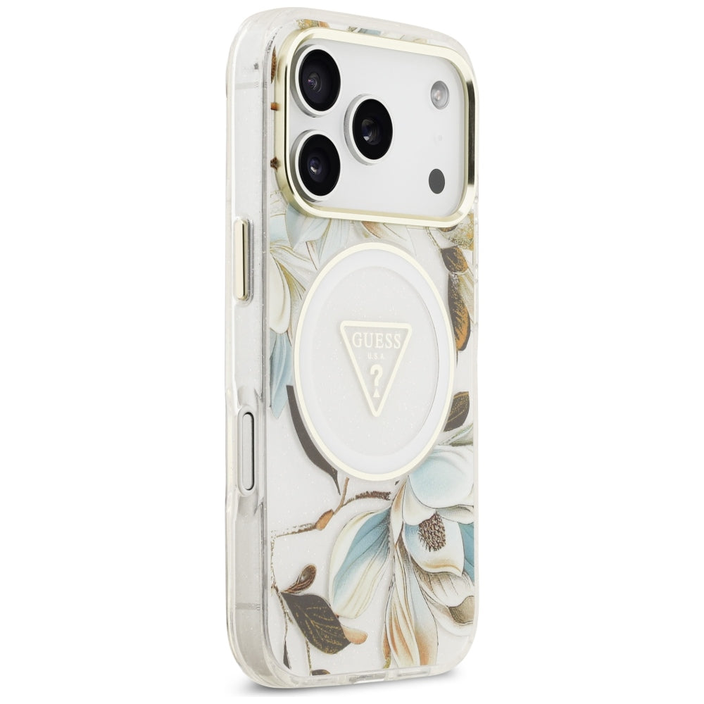 Guess iPhone 17 Pro/iPhone 18 Pro Deksel Glitter Flowers Hvit