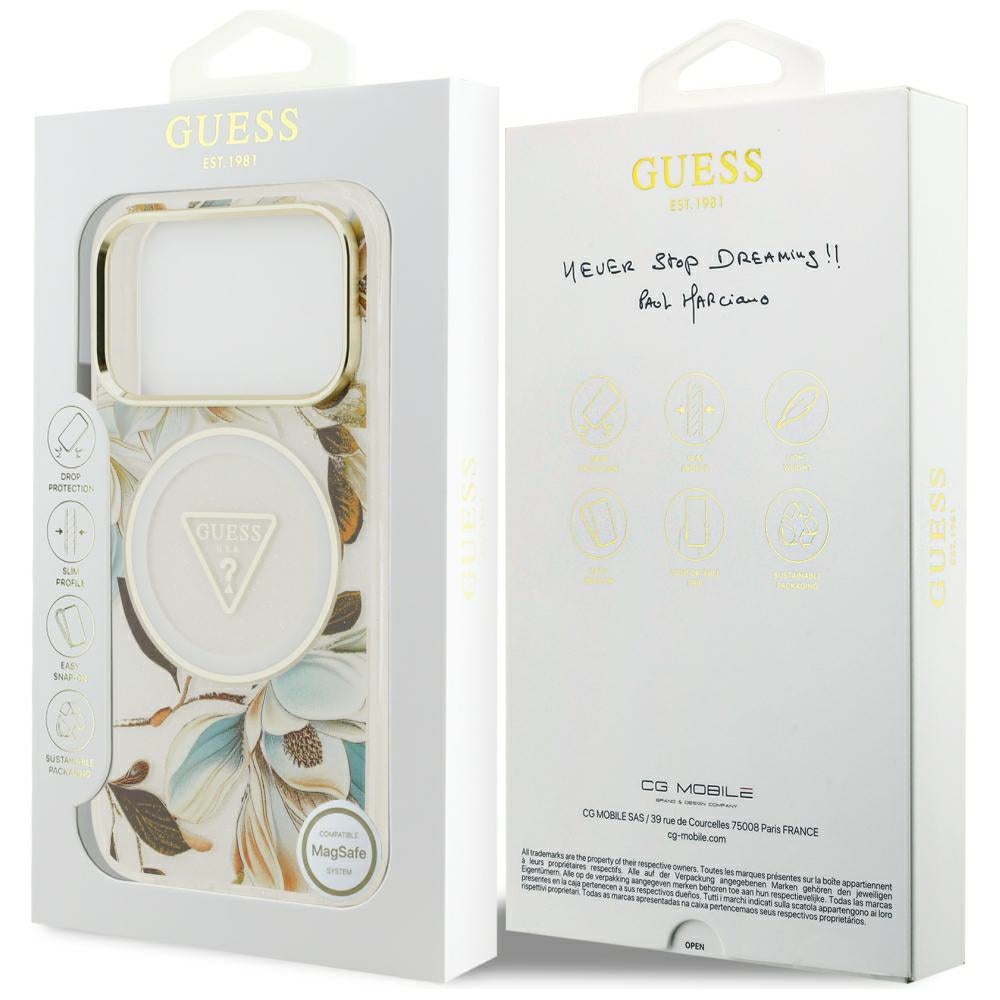 Guess iPhone 17 Pro/iPhone 18 Pro Deksel Glitter Flowers Hvit