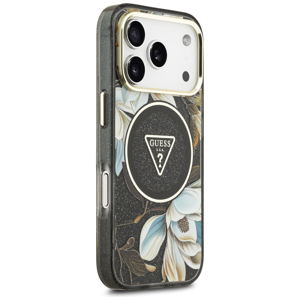 Guess iPhone 17 Pro/iPhone 18 Pro Deksel Glitter Flowers Svart