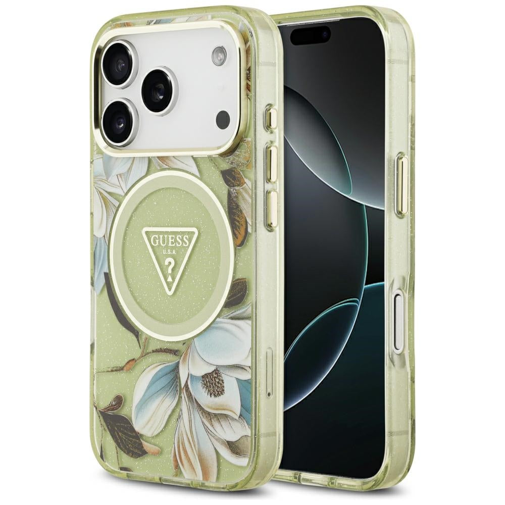 Guess iPhone 17 Pro/iPhone 18 Pro Deksel Glitter Flowers Grønn