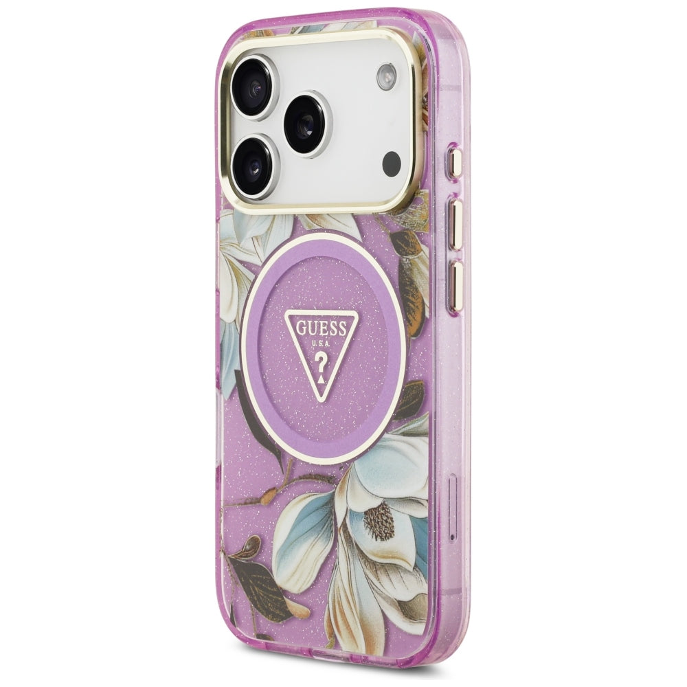 Guess iPhone 17 Pro/iPhone 18 Pro Deksel Glitter Flowers Lilla