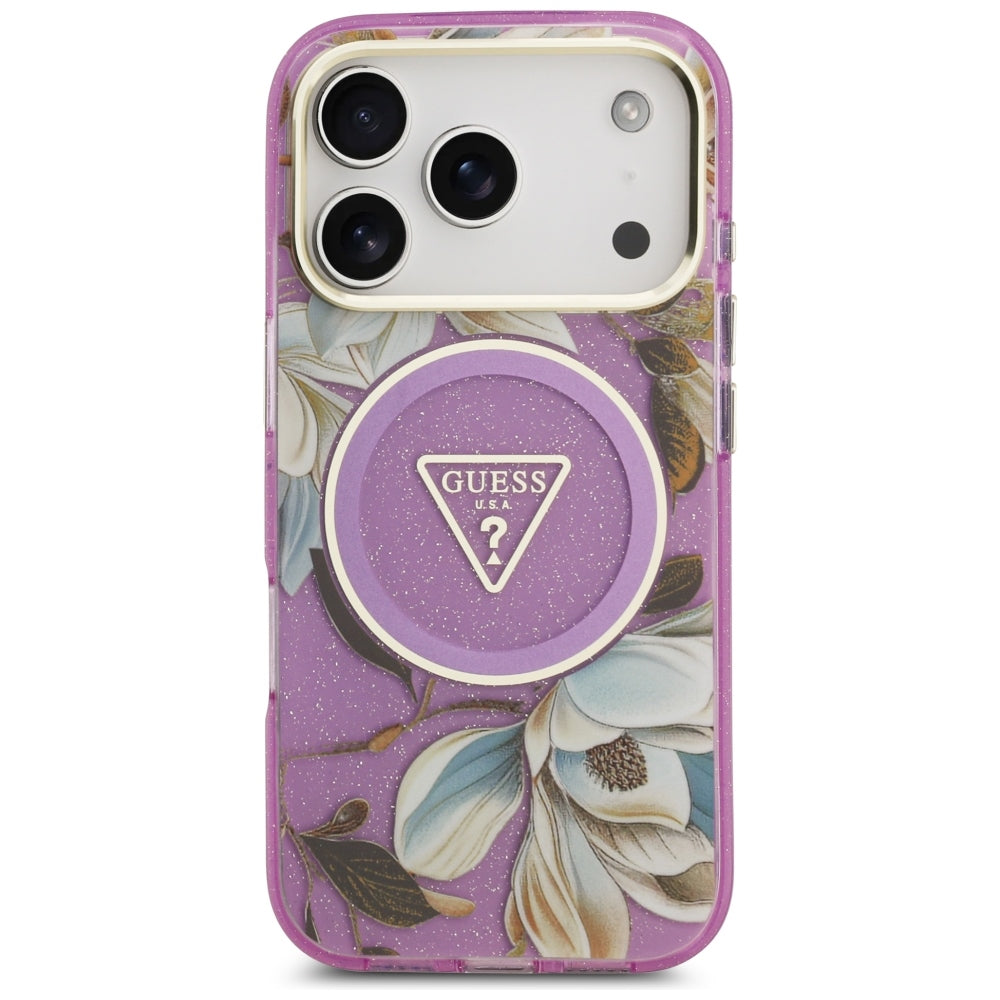 Guess iPhone 17 Pro/iPhone 18 Pro Deksel Glitter Flowers Lilla