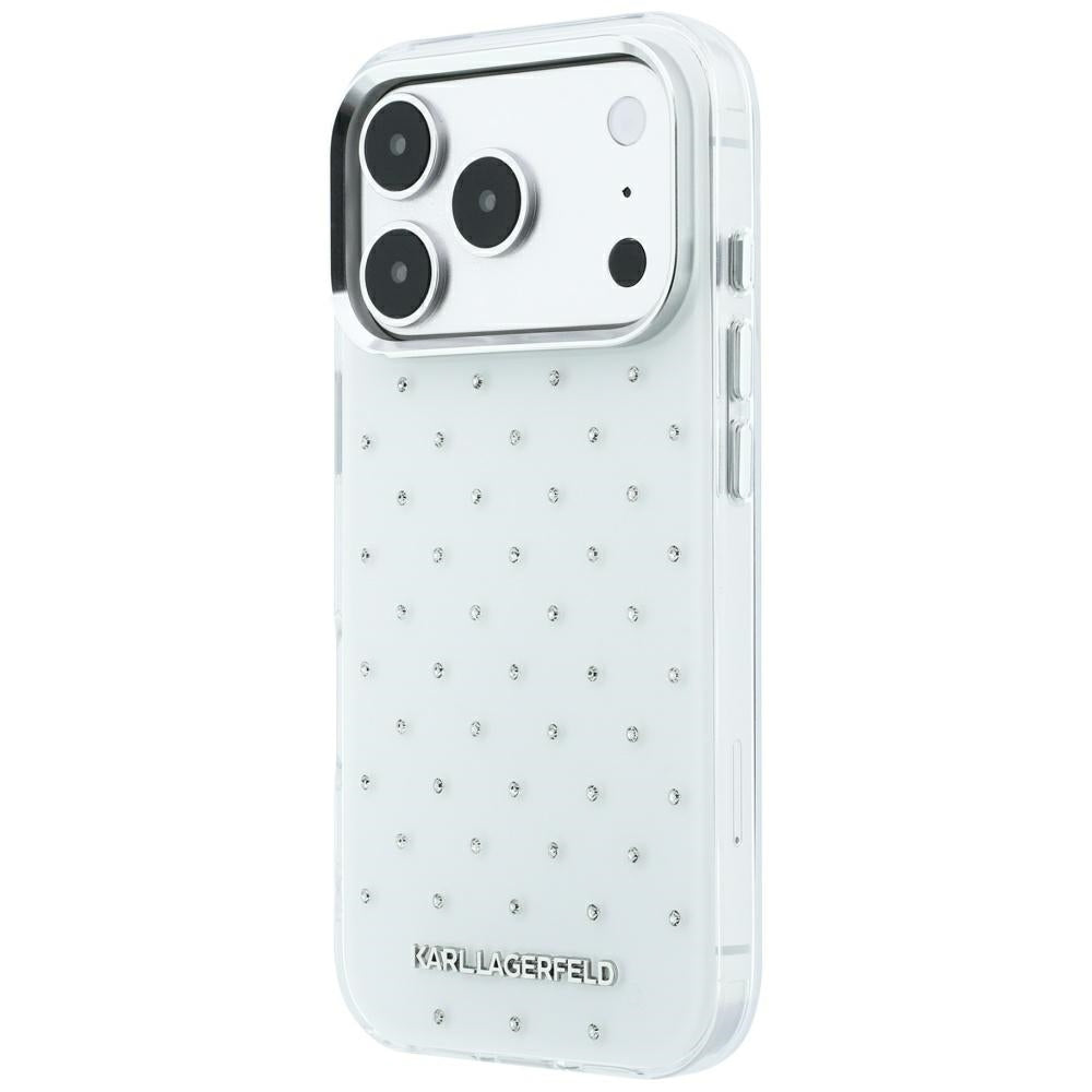 Karl Lagerfeld iPhone 17 Pro/iPhone 18 Pro Deksel med rhinsteiner, galvanisert logo, Hvit
