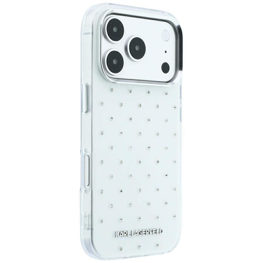 Karl Lagerfeld iPhone 17 Pro/iPhone 18 Pro Deksel med rhinsteiner, galvanisert logo, Hvit