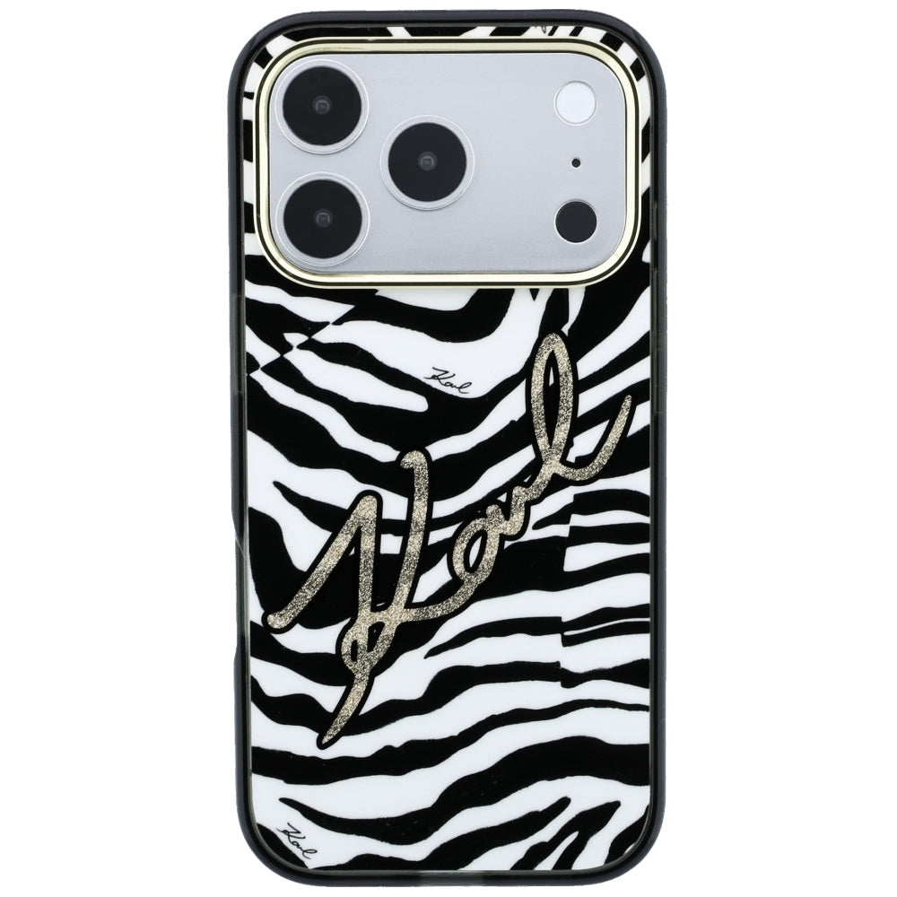 Karl Lagerfeld-deksel til iPhone 17 Pro Max/iPhone 18 Pro Max med sebramønster, glitter og Gull