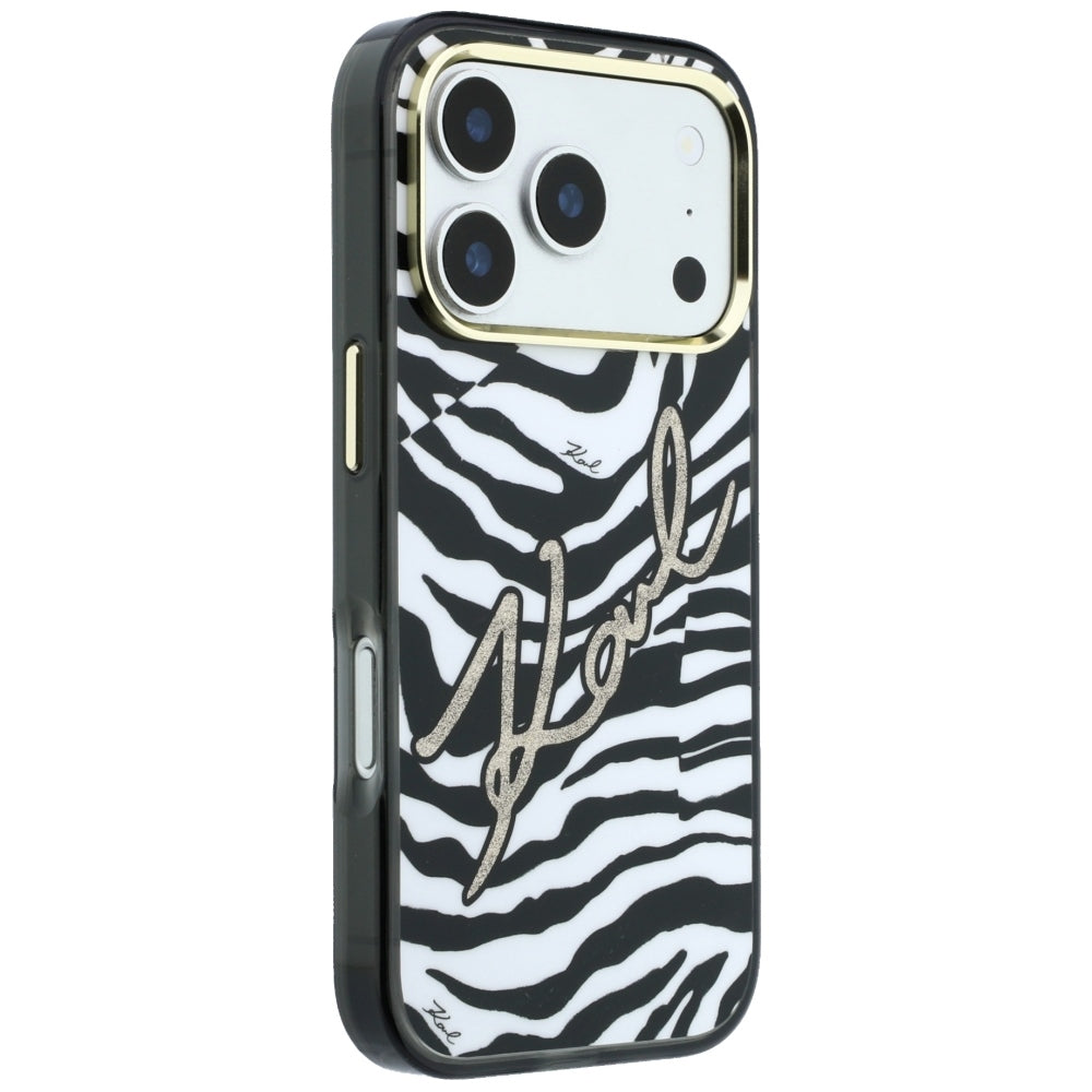 Karl Lagerfeld-deksel til iPhone 17 Pro Max/iPhone 18 Pro Max med sebramønster, glitter og Gull