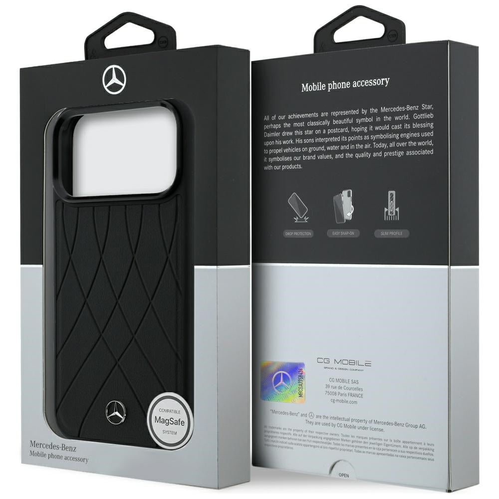 Mercedes Benz iPhone 17 Pro Max/iPhone 18 Pro Max Deksel Leather Crossed Lines Svart