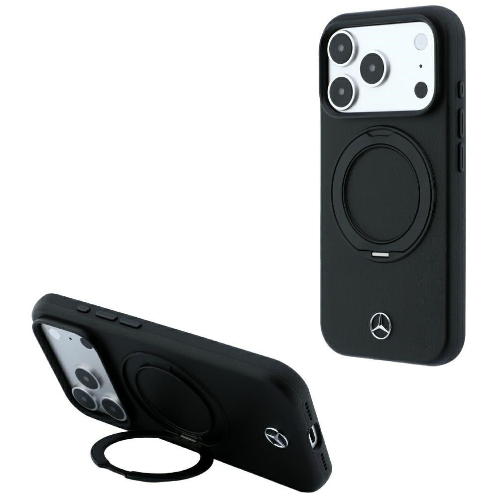 Mercedes Benz iPhone 17 Pro/iPhone 18 Pro Deksel Leather Ring Stand Svart