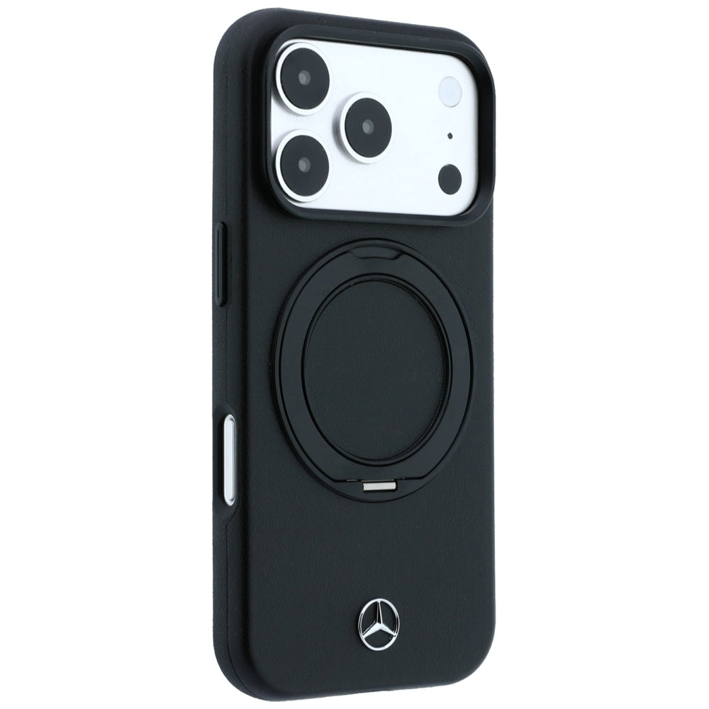 Mercedes Benz iPhone 17 Pro/iPhone 18 Pro Deksel Leather Ring Stand Svart