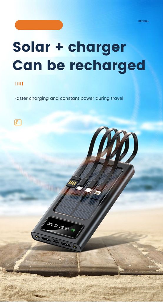 SiGN Powerbank med solceller & inbyggda kablar 20 000 mAh
