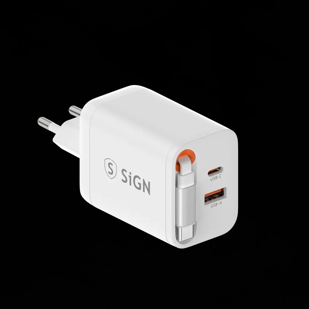 SiGN 65W Snabbladdare GaN med utdragbar USB-C kabel Hvit