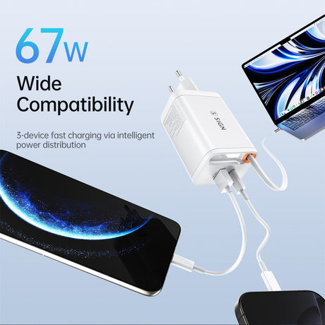 SiGN 65W Snabbladdare GaN med utdragbar USB-C kabel Hvit