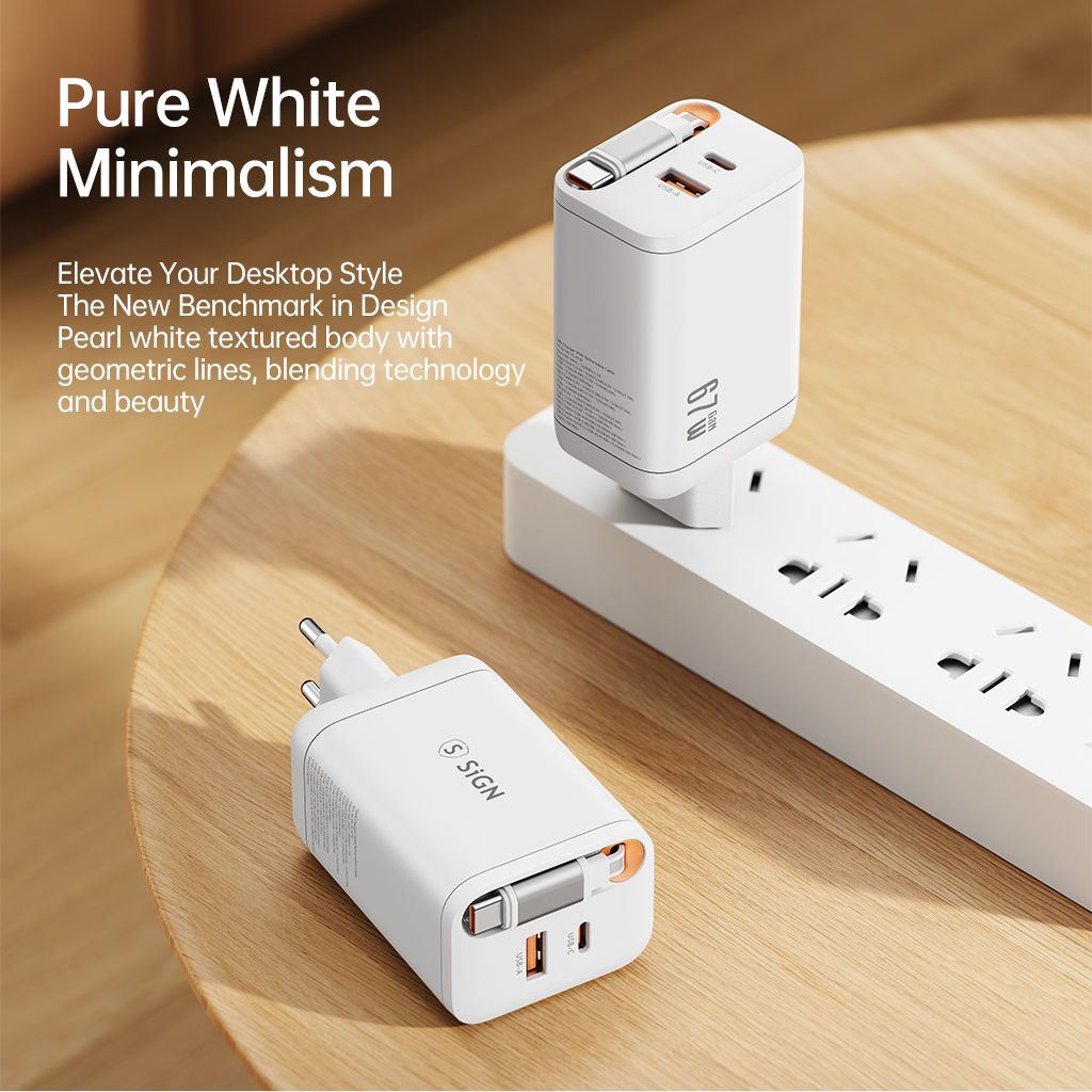 SiGN 65W Snabbladdare GaN med utdragbar USB-C kabel Hvit