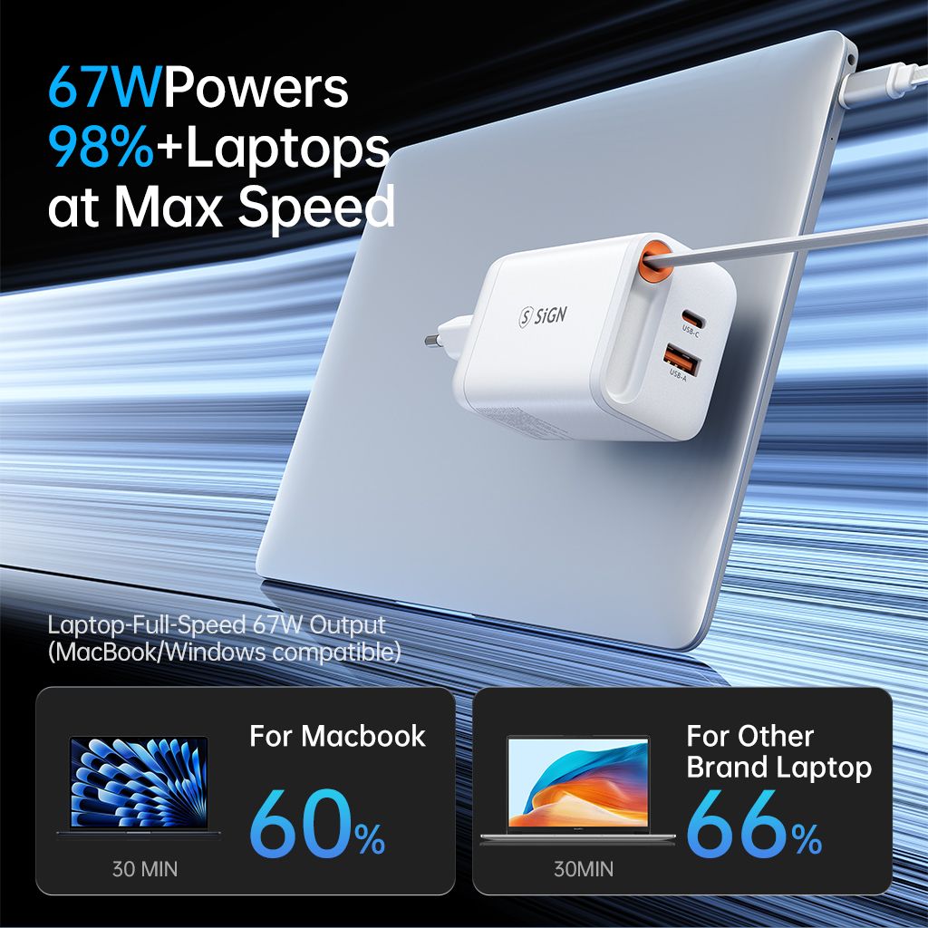 SiGN 65W Snabbladdare GaN med utdragbar USB-C kabel Hvit