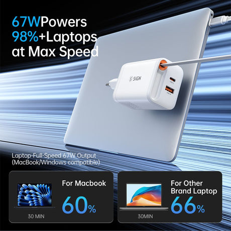 SiGN 65W Snabbladdare GaN med utdragbar USB-C kabel Hvit