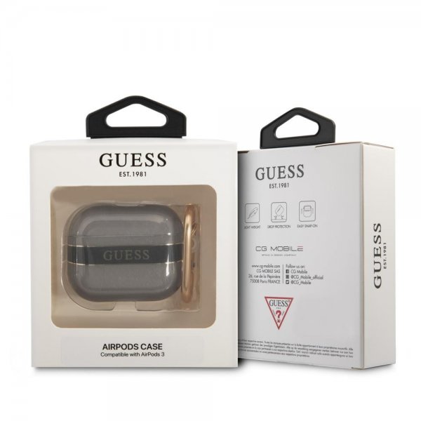 Guess AirPods 3 Deksel Printed Stripe & Gold Hook Svart