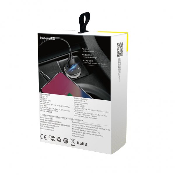 Baseus Mobillader til bil PPS 30W Type-C & USB-A Sølv