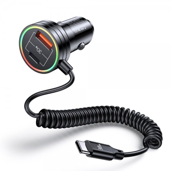 USAMS Mobillader til bil 60W Car Charger with Spring Cable