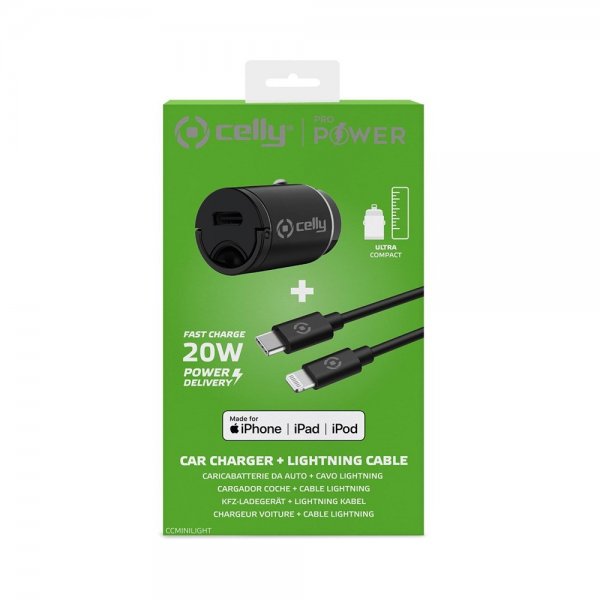Celly Mobillader til bil med Lightning-kabel CCMINILIGHT 20W Hvit