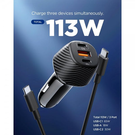 Spigen Essential Mobillader til bil 113W 2xUSB-C 1xUSB-A Svart