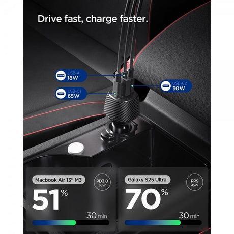Spigen Essential Mobillader til bil 113W 2xUSB-C 1xUSB-A Svart