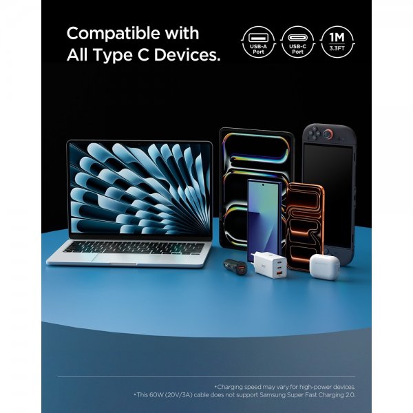 Spigen Essential Kabel USB-A/USB-C 60W 1m Hvit