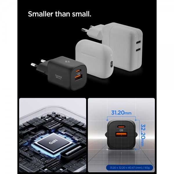Spigen Essential Lader 35W 1xUSB-C 1xUSB-A Svart