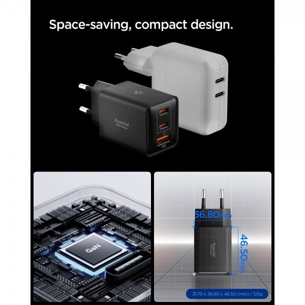 Spigen Essential Lader 47W 2xUSB-C 1xUSB-A Svart