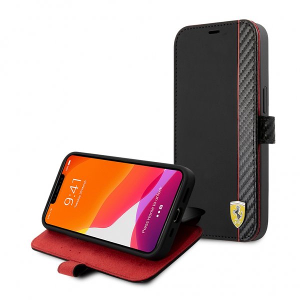 Ferrari iPhone 13 Etui Carbon Effect Metal Logo Vertical Stripe Svart