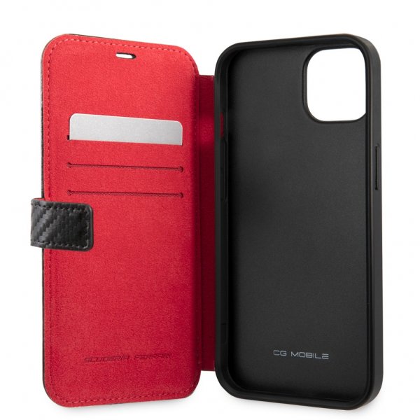 Ferrari iPhone 13 Etui Carbon Effect Metal Logo Vertical Stripe Svart