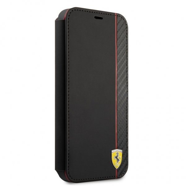 Ferrari iPhone 13 Mini Etui Carbon Effect Metal Logo Vertical Stripe Svart