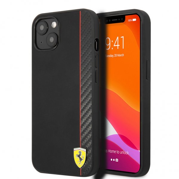 Ferrari iPhone 13 Mini Deksel Carbon Effect Metal Logo Vertical Stripe Svart