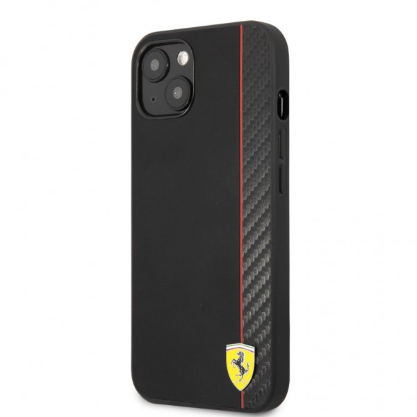 Ferrari iPhone 13 Mini Deksel Carbon Effect Metal Logo Vertical Stripe Svart