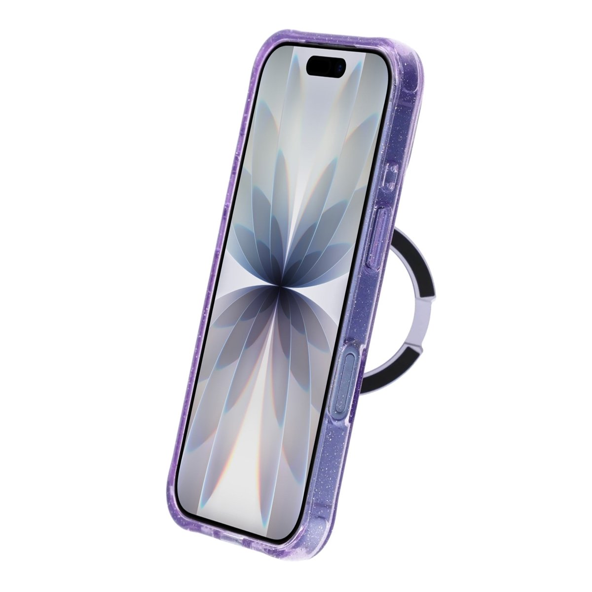 iPhone 17 Deksel med glitter og stativ, MagSafe, Lilla