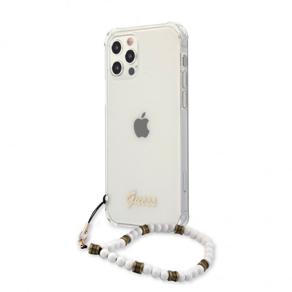 Guess iPhone 12 Pro Max Deksel Script & Pearls Hvit Klar