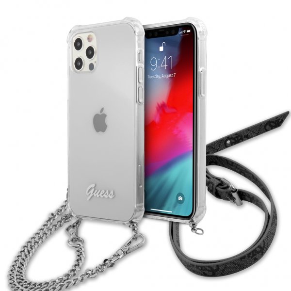 Guess iPhone 12/iPhone 12 Pro Deksel Chain & Script Sølv Klar