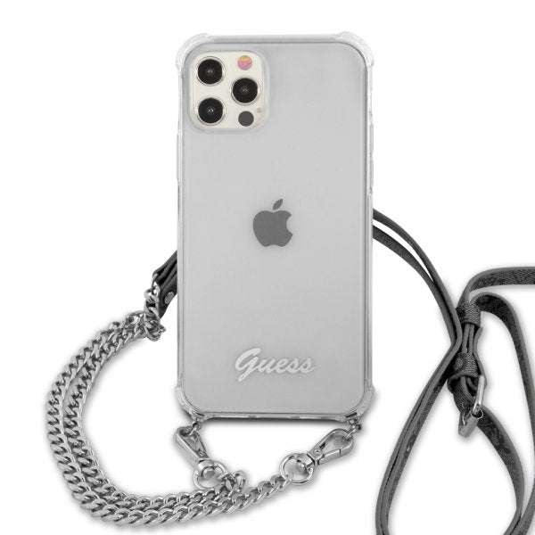 Guess iPhone 12/iPhone 12 Pro Deksel Chain & Script Sølv Klar